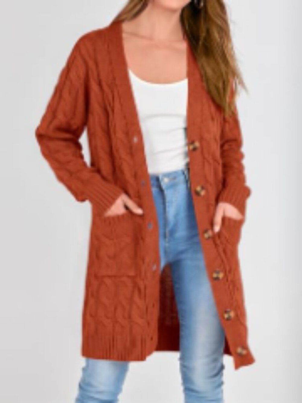 Long Cable Knit Cardigan Sweater with Pockets Open Front Button Down - Picture 2 of 7